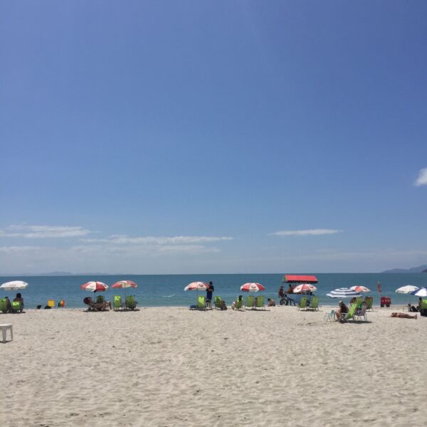 A vibrant beach scene with umbrellas and lounge chairs under a clear blue sky.