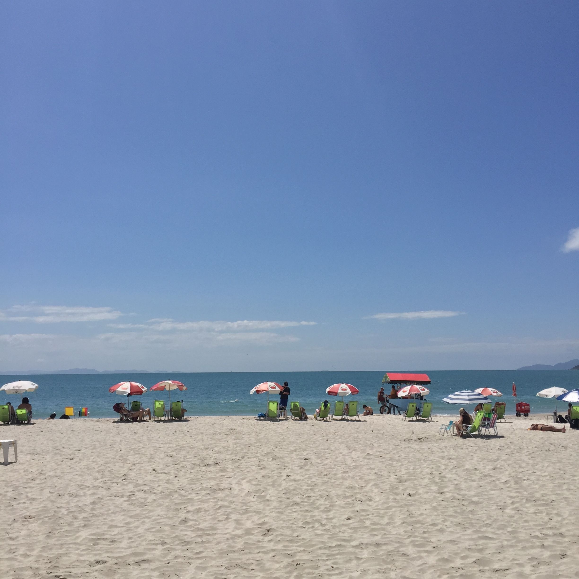 A vibrant beach scene with umbrellas and lounge chairs under a clear blue sky.